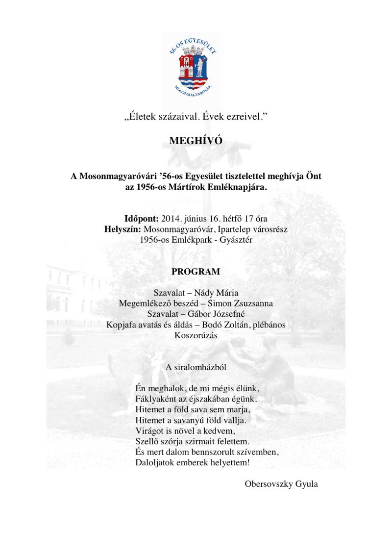 Meghívó június 16. az 1956-os Mártírok Emléknapja